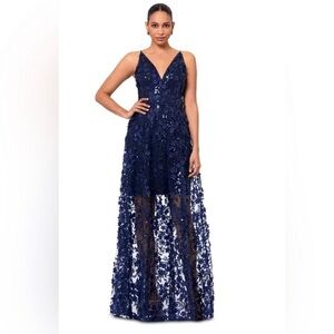 Xscape Floral Appliqué Navy Dress
